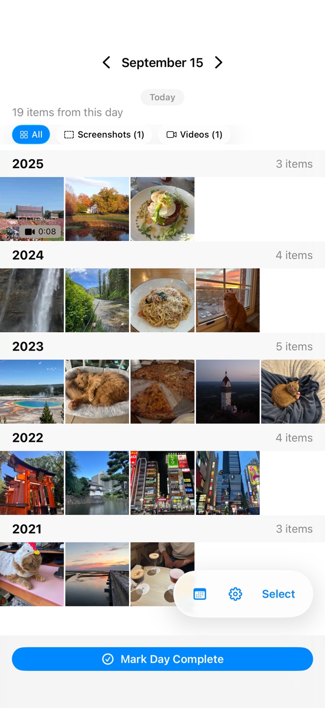 Cleanup Today showing September 15 photos grouped by year